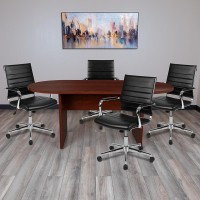 5 Piece Mahogany Oval Conference Table Set with 4 Black LeatherSoft Ribbed Executive Chairs