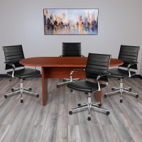 5 Piece Cherry Oval Conference Table Set with 4 Black LeatherSoft Ribbed Executive Chairs