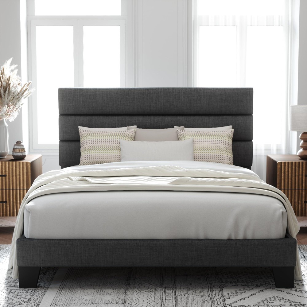 Allewie Queen Size Platform Bed Frame With Fabric Upholstered Headboard And Wooden Slats Support Fully Upholstered Mattress Fou