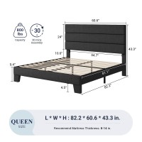 Allewie Queen Size Platform Bed Frame With Fabric Upholstered Headboard And Wooden Slats Support Fully Upholstered Mattress Fou