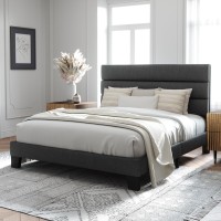 Allewie Queen Size Platform Bed Frame With Fabric Upholstered Headboard And Wooden Slats Support Fully Upholstered Mattress Fou