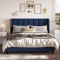 Allewie Full Size Platform Bed Frame With Wingback, Fabric Upholstered Square Stitched Headboard And Wooden Slats, Mattress Foundation, Box Spring Optional, Easy Assembly, Dark Blue