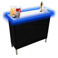 Partypong Folding Portable Party Bar W/ 16 Led Light Colors & Wireless Remote, White Surface, Black & Hawaiian Bar Skirts, And Storage Shelf - Single