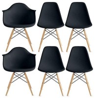 Inspirer Studio Set of 6 New 17 inch SeatDepth Eiffel Style Side Chair with Natural Wood Legs Eiffel Chair Shell Top Chairs (Combo Black)