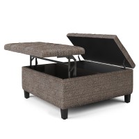 Simplihome Harrison 36 Inch Wide Transitional Square Coffee Table Storage Ottoman In Mink Brown Tweed Look Fabric, For The Living Room And Bedroom