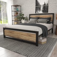 Sha Cerlin Queen Size Metal Platform Bed Frame With Wooden Headboard/Heavy Duty Strong Support/Large Storage/No Box Spring Needed, Brown