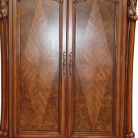 Wooden Armoire with Scrolled Motifs and Storage Space, Brown