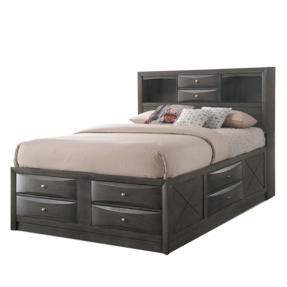 Panel Design Eastern King Size Bed with Bookcase and Drawers, Taupe Brown