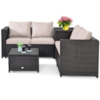 Happygrill 4Pcs Patio Furniture Set Outdoor Rattan Wicker Sofa Set Conversation Set With Cushions & Storage Side Table Coffee Table For Garden Lawn Poolside Backyard