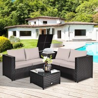 Happygrill 4Pcs Patio Furniture Set Outdoor Rattan Wicker Sofa Set Conversation Set With Cushions & Storage Side Table Coffee Table For Garden Lawn Poolside Backyard