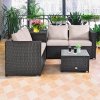 Happygrill 4Pcs Patio Furniture Set Outdoor Rattan Wicker Sofa Set Conversation Set With Cushions & Storage Side Table Coffee Table For Garden Lawn Poolside Backyard