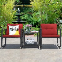 Tangkula 3 Pieces Patio Wicker Rocking Bistro Set, Outdoor Rocking Chair Furniture Set W/Cushioned Seat, Conversation Set W/Glass Coffee Table And Storage Shelf (Red)