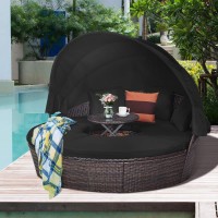 Tangkula Patio Round Daybed With Retractable Canopy, Outdoor Wicker Rattan Furniture Sets, Sectional Cushioned Sofa Set W/Height Adjustable Coffee Table, Rattan Conversation Sets (Black)