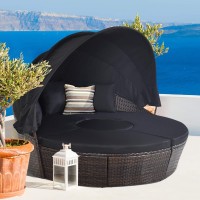 Tangkula Patio Round Daybed With Retractable Canopy, Outdoor Wicker Rattan Furniture Sets, Sectional Cushioned Sofa Set W/Height Adjustable Coffee Table, Rattan Conversation Sets (Black)