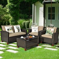 Tangkula 4 Piece Patio Rattan Furniture Set, Outdoor Wicker Conversation Set With Seat & Back Cushion,And Tempered Glass Coffee Table With Shelf, For Porch, Poolside, Backyard, Garden