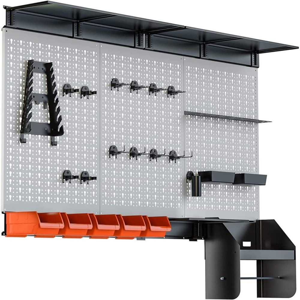 Torack Pegboard Wall Organizer 4 Ft Garage Metal Utility Tool Storage Kit With Toolboard Hooks Accessories Wall Mounted Bins