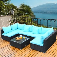 Tangkula 7 Piece Patio Furniture Set, Outdoor Sectional Sofa W/Pillows And Cushions, Wicker Sofa Conversation Set With Coffee Table, Patio Sofa And Tea Table Set For Garden, Lawn