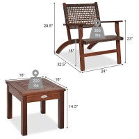 Tangkula 3 Pcs Patio Conversation Set, Solid Eucalyptus Wood Frame Outdoor Wicker Furniture Set Bistro Set With Coffee Table, Rattan Furniture Set For Backyard Porch Garden Poolside Balcony (Brown)
