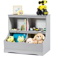 Costzon 4-Cubby Kids Bookcase With Footboard, Name Card, Multi-Bin Children'S Toys Storage And Organizer Book Shelf Display, Wooden Toy Box Chest Cabinet For Kids Room Playroom Bedroom Nursery (Gray)