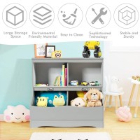 Costzon 4-Cubby Kids Bookcase With Footboard, Name Card, Multi-Bin Children'S Toys Storage And Organizer Book Shelf Display, Wooden Toy Box Chest Cabinet For Kids Room Playroom Bedroom Nursery (Gray)
