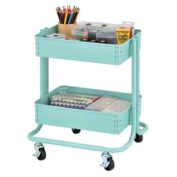 Ecr4Kids 2-Tier Metal Rolling Utility Cart - Under Desk Office Storage, Multipurpose Mobile Organizer, Teal