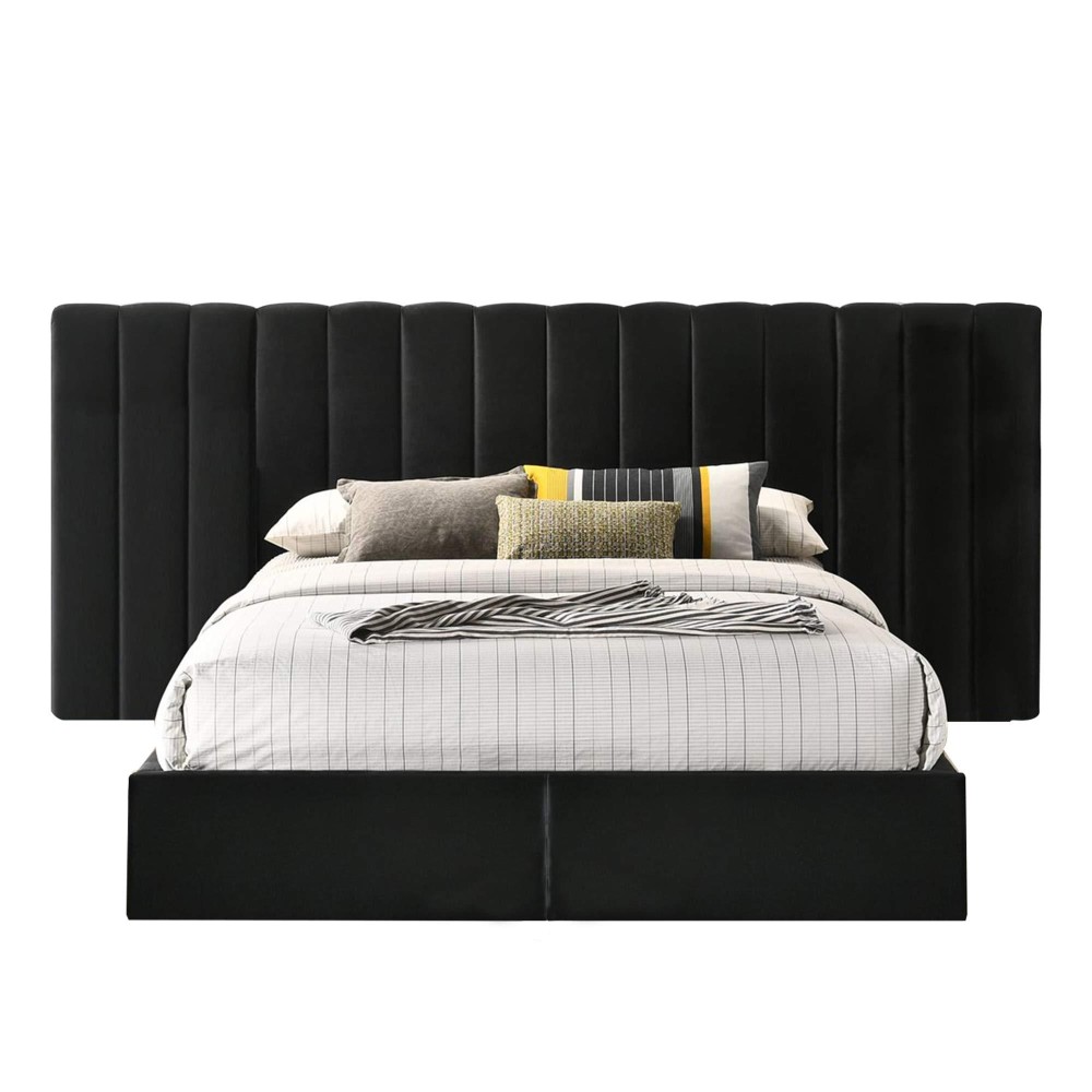 Benjara King Size Vertically Stitched Headboard With 2 Drawers Footboard, Black