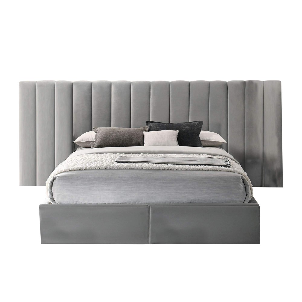 Benjara King Size Vertically Stitched Headboard With 2 Drawers Footboard, Gray