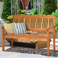 Tangkula Outdoor Wood Bench, Two Person Solid Wood Garden Bench W/Curved Backrest And Wide Armrest, Large Bench For Patio Porch Poolside Balcony, 50