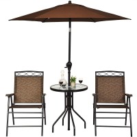 Giantex Patio Dining Set Round Glass Table With 2 Patio Folding Chairs, Outdoor Table And Chairs For Garden, Pool, Backyard, Tempered Glass Tabletop With Umbrella Hole (Brown)