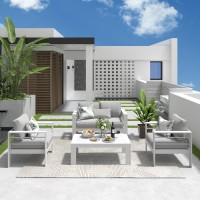 Solaste Outdoor Aluminum Furniture Set 4 Pieces Patio Sectional Chat Sofa Conversation Set With Table White