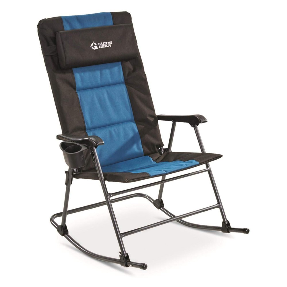 Guide Gear Oversized Rocking Camp Chair, 500-Lb. Capacity For Relaxing, Polyester, Blue/Black With Cup Holders, Foldable, Ergonomic