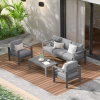 Wisteria Lane Aluminum Outdoor Patio Furniture Set, Modern Patio Conversation Sets, Outdoor Sectional Metal Sofa With 5 Inch Cushion And Coffee Table For Balcony, Garden, Dark Grey