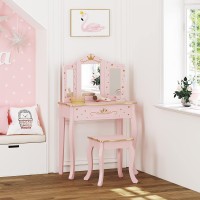 Utex Pretend Play Kids Vanity Set With Mirror And Stool, Kids Make Up Vanity Desk With Mirrror For Little Girls, Children Makeup Dressing Table With Drawer, Pink
