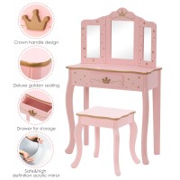 Utex Pretend Play Kids Vanity Set With Mirror And Stool, Kids Make Up Vanity Desk With Mirrror For Little Girls, Children Makeup Dressing Table With Drawer, Pink