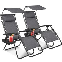 Keplin Zero Gravity Chairs Set Of 2 With Canopy - Made Of Textoline I Heavy Duty Lounger For Garden I Patio Sun Loungers I Folding Reclining Chairs (Grey With Canopy)