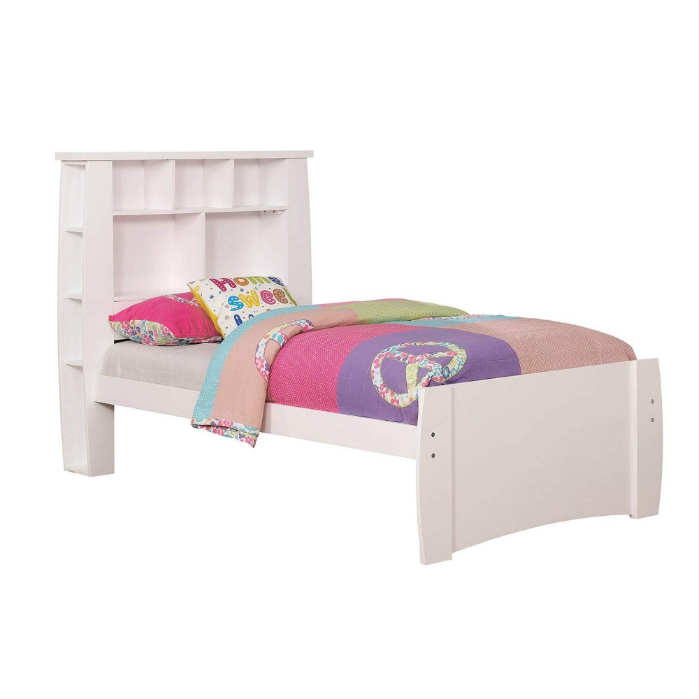 Benjara Transitional Twin Size Wooden Storage Bed With Bookcase Headboard, White