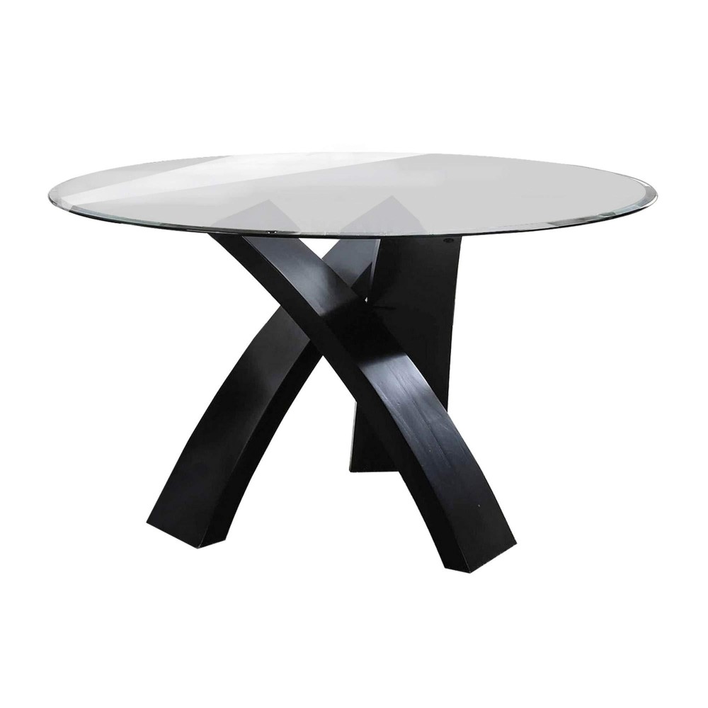 Benjara Round Glass Top Dining Table With Criss Cross Tripod Base, Black