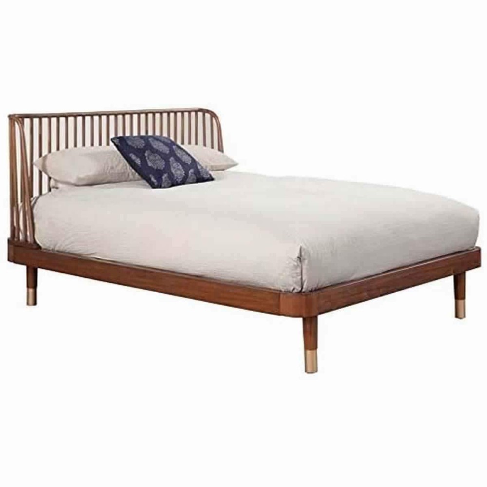 Benjara Standard King Platform Bed With Slat Back Rattan Headboard, Brown