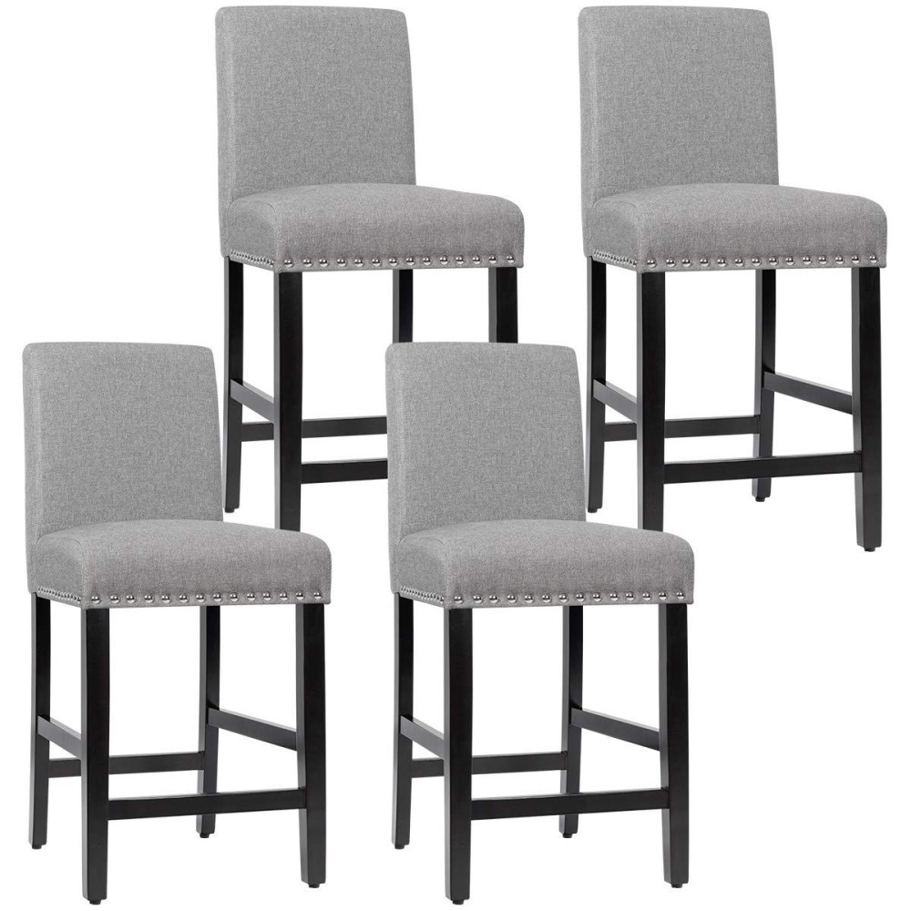 Costway Bar Stools Set Of 4, Upholstered Bar Chairs W/Rubber Wood Legs, Breathable Linen Fabric, High Resilience Sponge, Comfortable Backrest, Padded Seat, For Kitchen Dining Room (Gray, 4)
