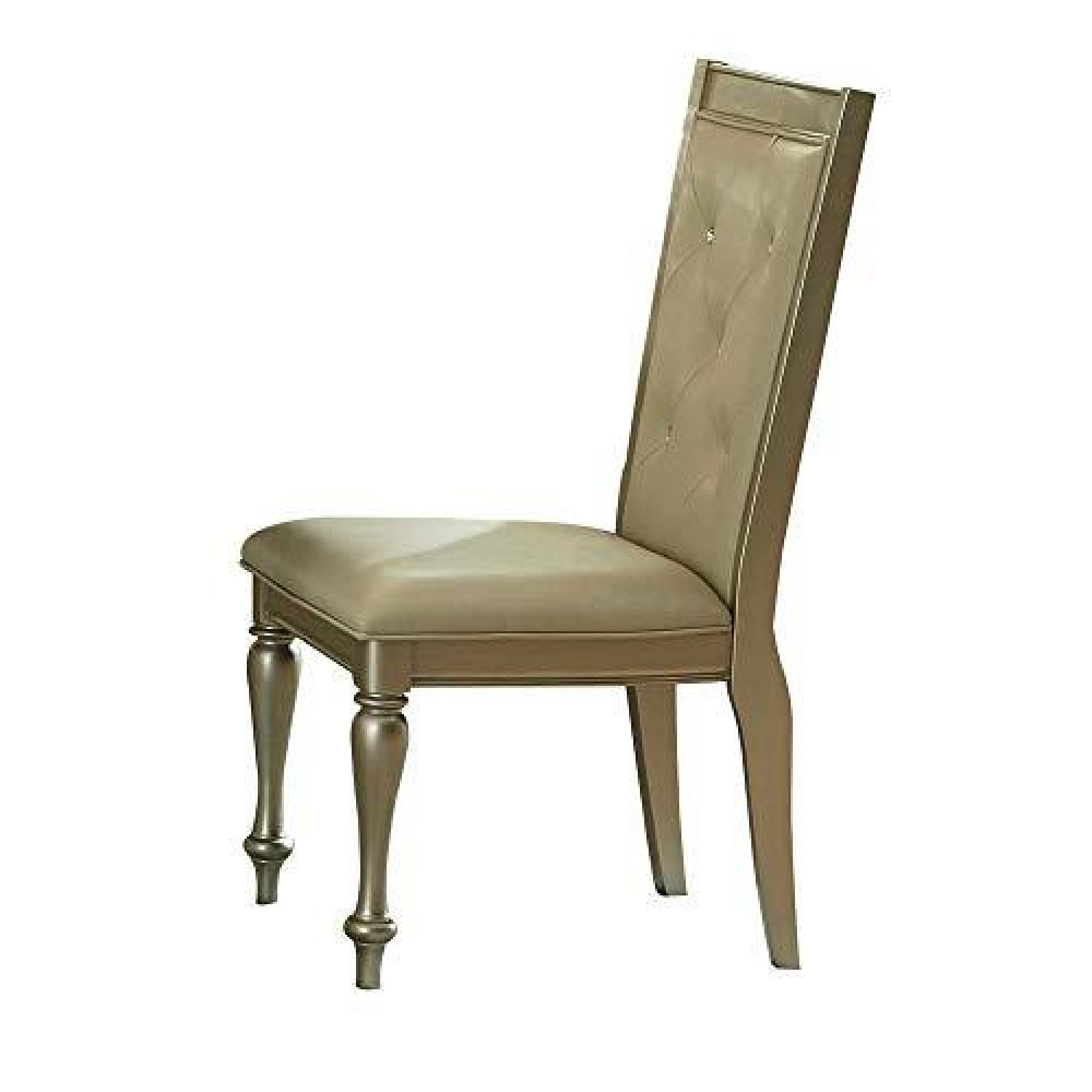 Benjara Wooden Side Chair With Crystal Tufted Leatherette Backrest, Silver