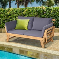 Tangkula Acacia Wood Patio Convertible Couch Sofa Bed With Adjustable Armrest, Outdoor Daybed With Cushion & Pillow, Folding Chaise Lounge Bench Ideal For Porch Courtyard Poolside (Dark Grey)