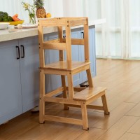 Kitchen Step Stool For Kids And Toddlers With Safety Rail Children Standing Tower For Kitchen Counter, Parents Helper Kids Learning Stool, Solid Wood Construction