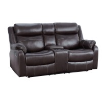 Benjara Leatherette Motion Reclining Console Loveseat With Dual Cup Holders, Brown