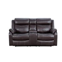 Benjara Leatherette Motion Reclining Console Loveseat With Dual Cup Holders, Brown