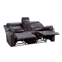 Benjara Leatherette Motion Reclining Console Loveseat With Dual Cup Holders, Brown