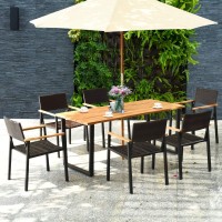 Tangkula 7 Pieces Outdoor Dining Set, Patented Patio Furniture Set W/Large Rectangle Acacia Wood Table Top, Rattan Chairs With Steel Frame, Umbrella Hole, For Backyard Garden