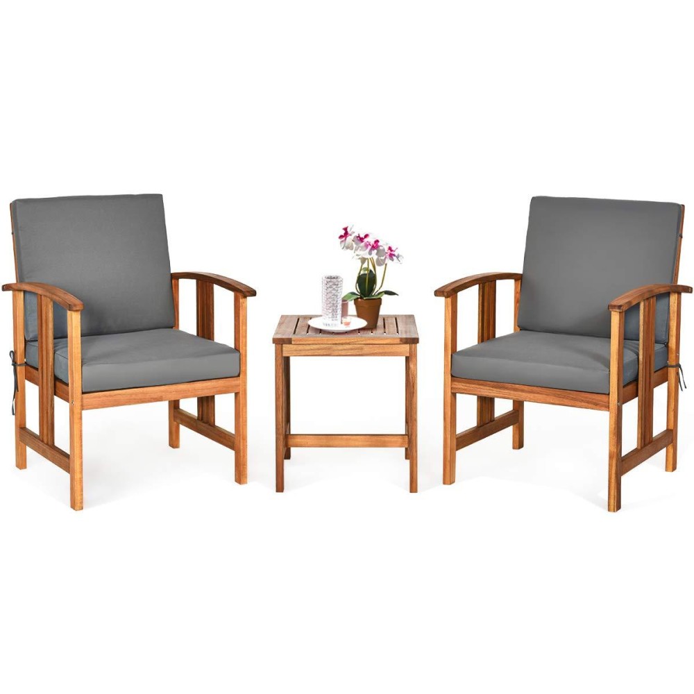Tangkula 3 Pieces Patio Furniture Set, Includes Set Of 2 Outdoor Acacia Wood Cushioned Chairs And Coffee Table, For Garden, Backyard, Poolside, Bistro And Deck, Patio Conversation Chat Set (Gray)