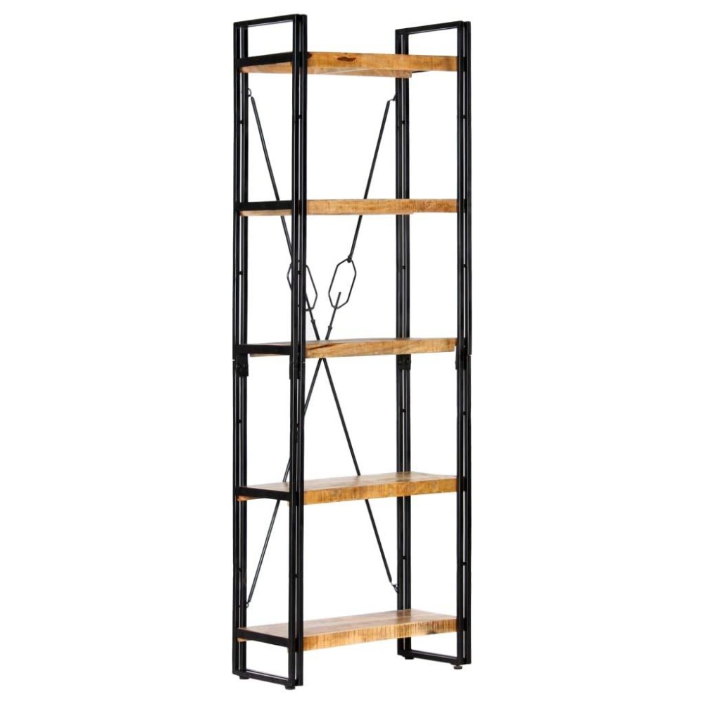 vidaXL Five-Tier Bookcase in Solid Mango Wood with Industrial Steel Frame | 23.6x11.8x70.9 Dimensions | Stylish and Functional | Easy Assembly