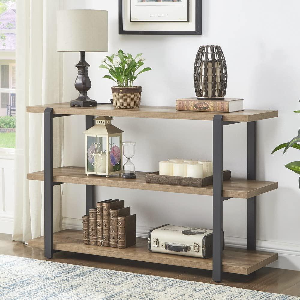 FOLUBAN Industrial Console Sofa Table, Rustic Entryway/Hallway Table with 3-Tier Open Shelf for Living Room, Oak