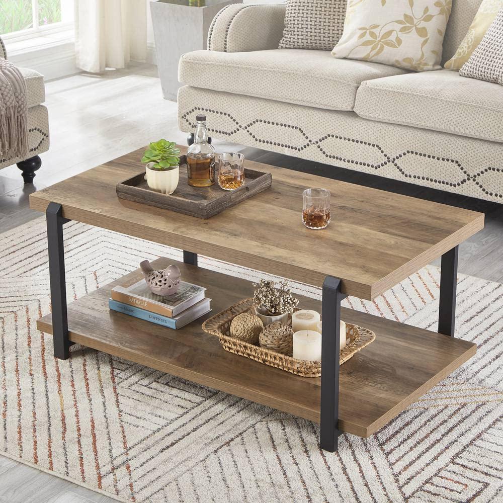 Foluban Industrial Coffee Table With Shelf, Wood And Metal Rustic Cocktail Table For Living Room, Oak